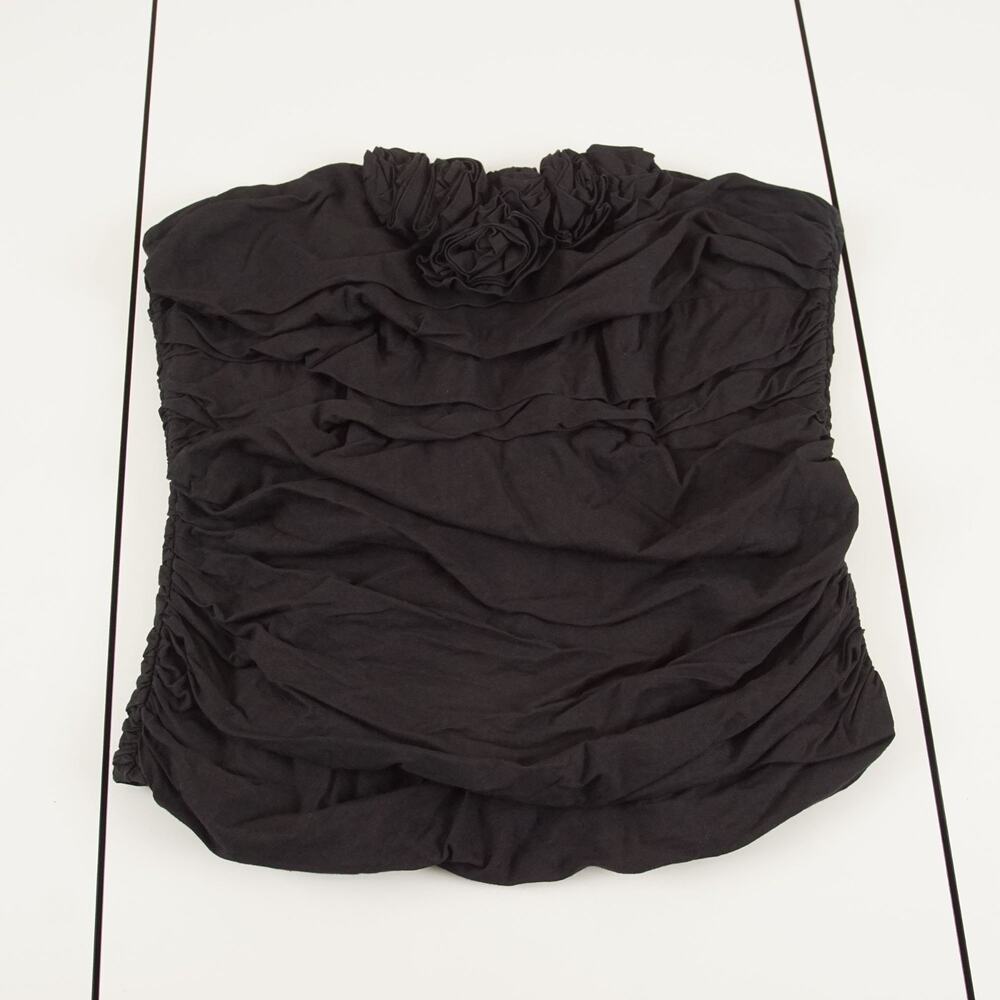2B Bebe Y2K Rose Poplin Ruched Strapless Corset Zip Black Top Womens Sz L